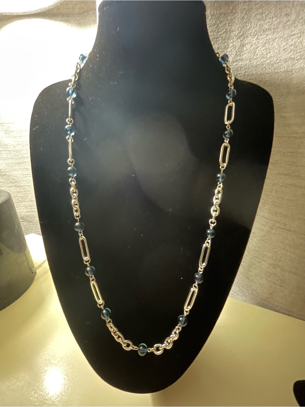 Long Silver Chain Necklace with Blue Glass Beads - Women Jewelry